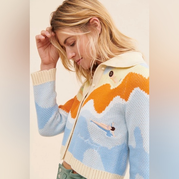 House of Sunny Souvenir Cardigan Sweater Ivory Blue Multi Size 4 - Picture 4 of 15